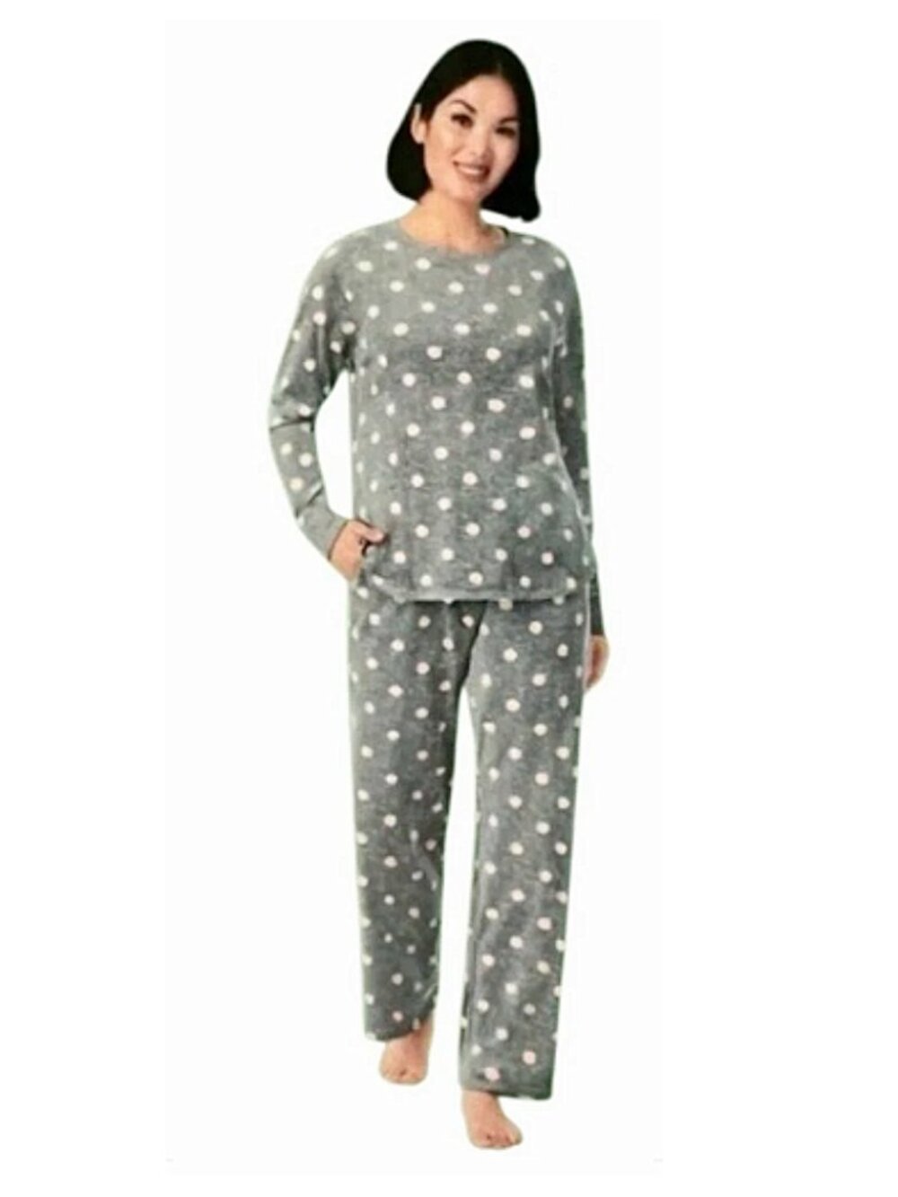 Kate Spade Grey with Pink Polka Dots Velour Pajama Set Small